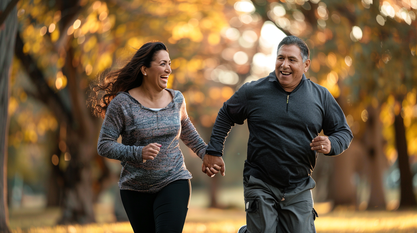 A female and male Hispanic couple in mid 40's happily running in the park.