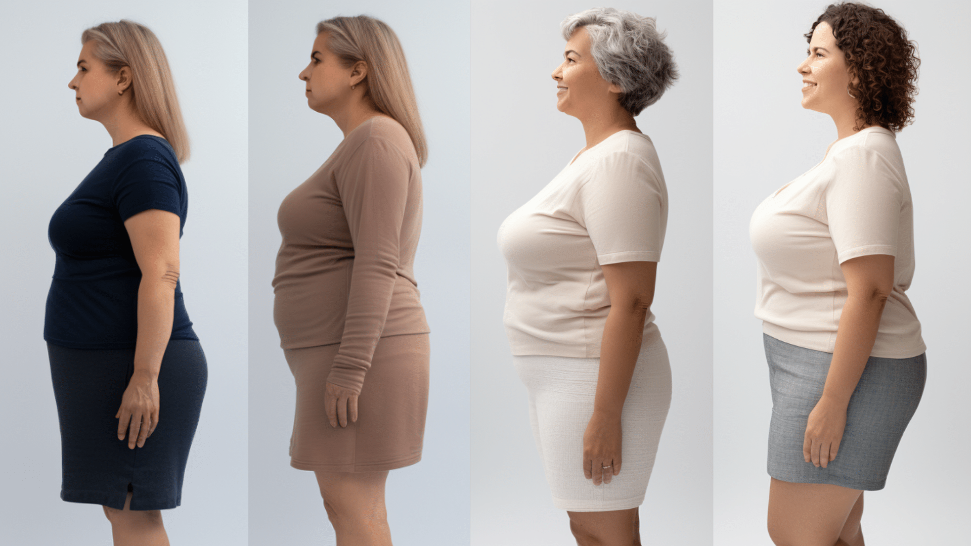full profile of 4 standing women between the ages of 50 to 70. full-body shot, side view.