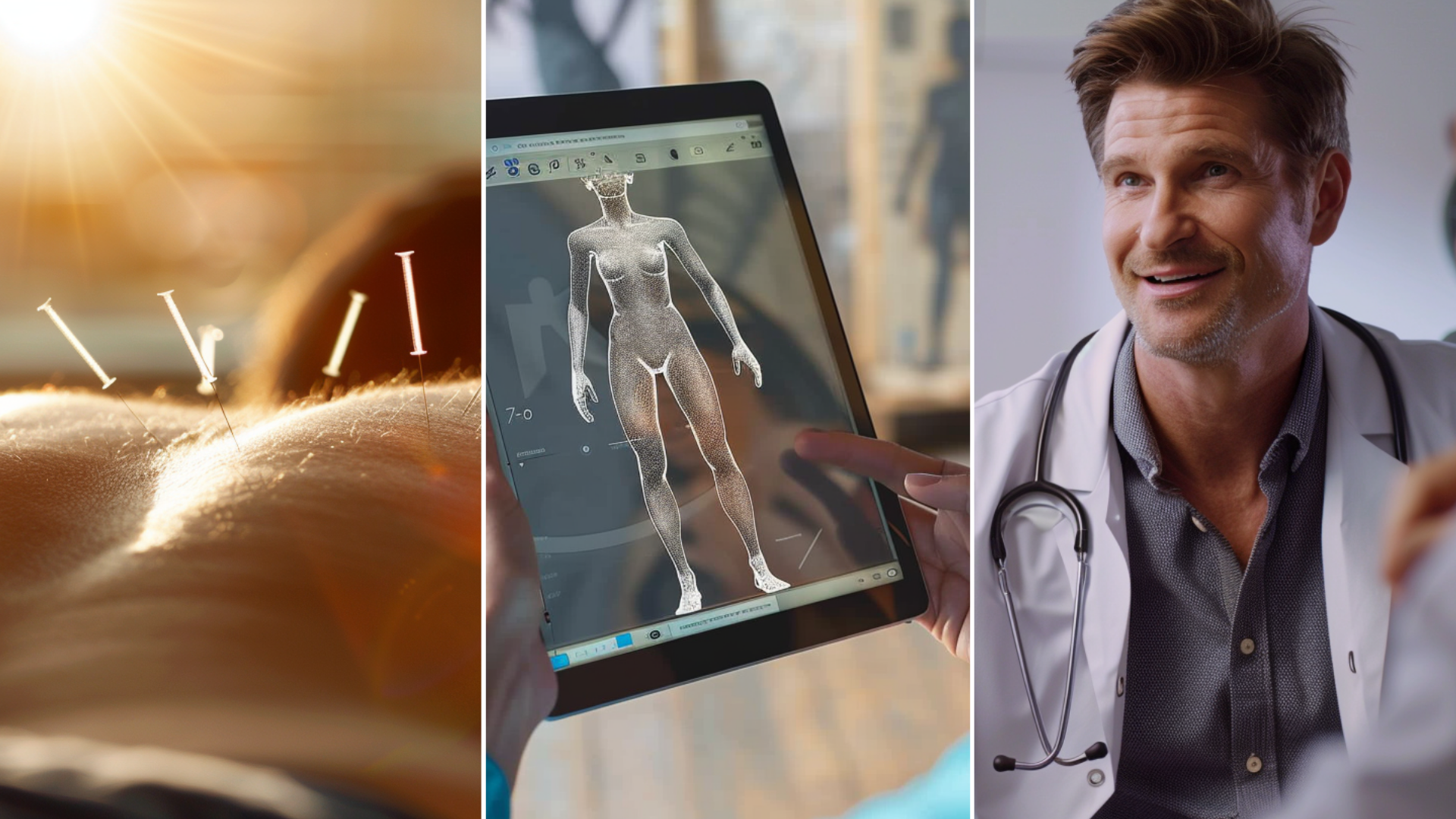 Acupuncture, 3D Body scanning, A hispanic doctor having consultation