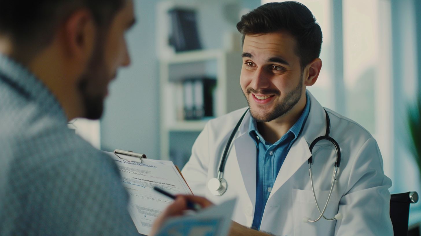 A doctor wearing a white coat and holding a medical chart inside the clinic, having a conversation with a patient, captures the face.
