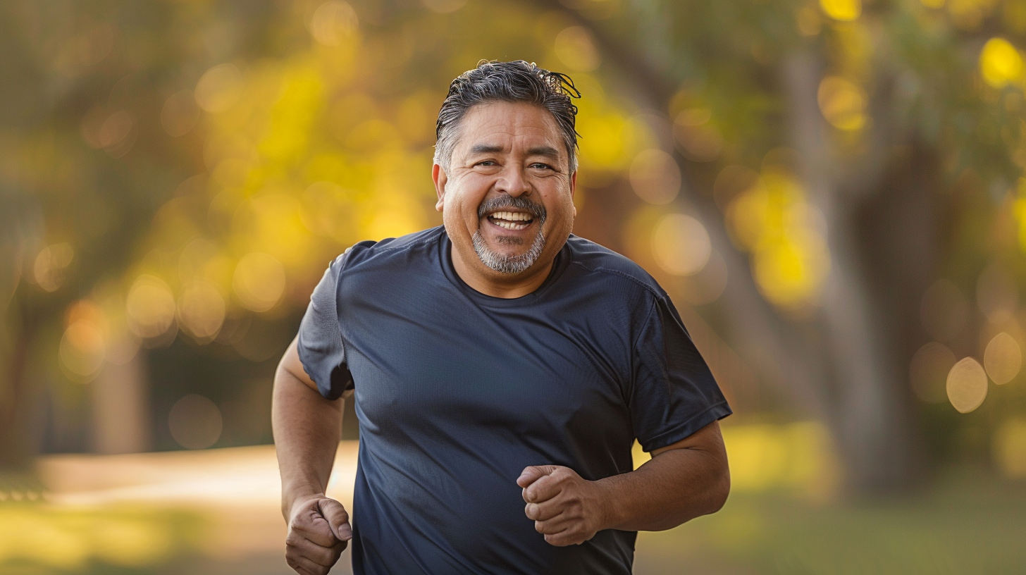A hispanic man slightly overweight mid 50-60 year running position, outdoor park.