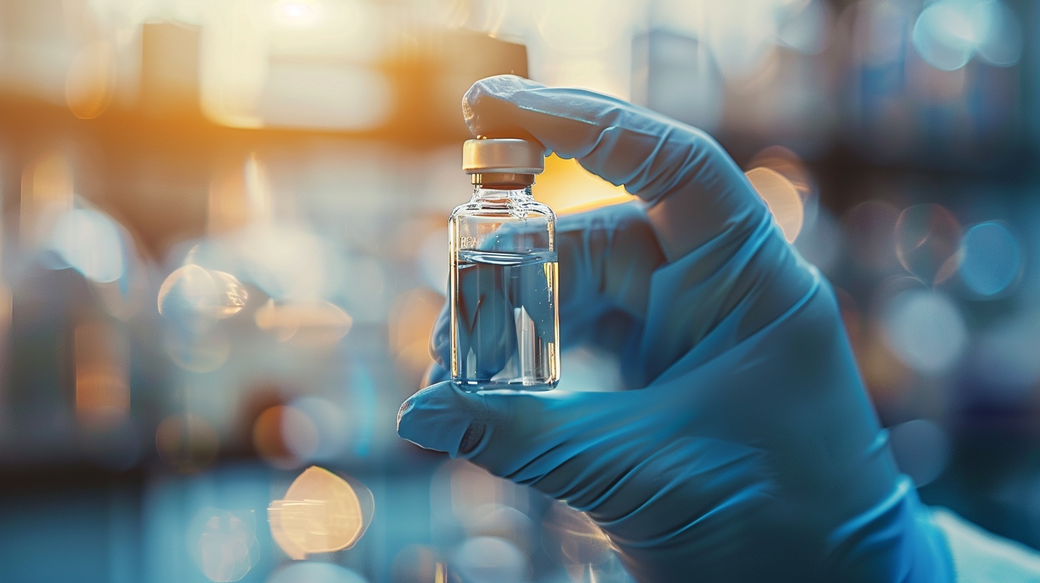 a hand wearing blue gloves holding clear glass medical vial, clinic background.