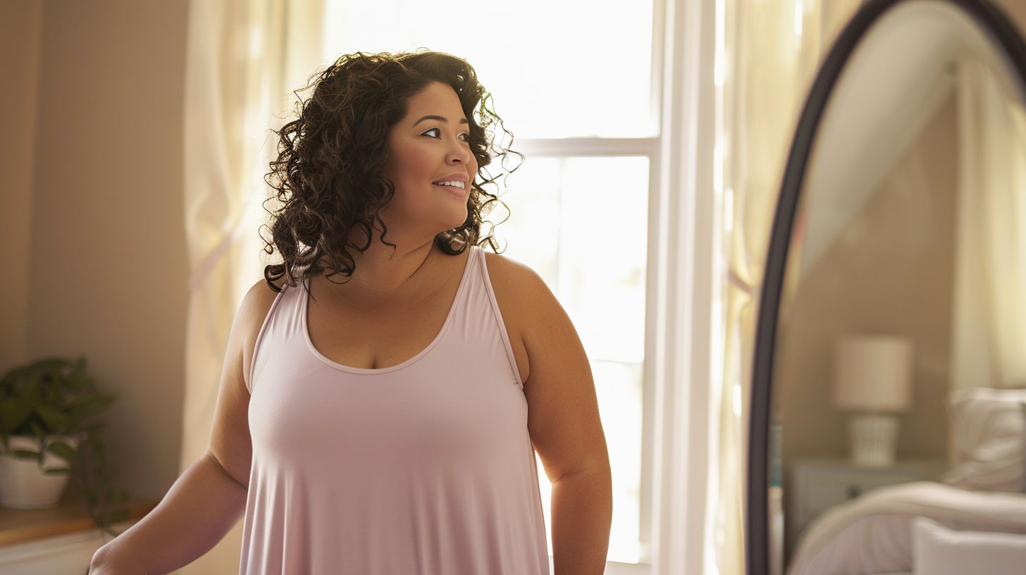 A slightly overweight professional hispanic woman 45 years old is looking at herself in a full-length mirror in a bedroom and she is happy with how her body looks.