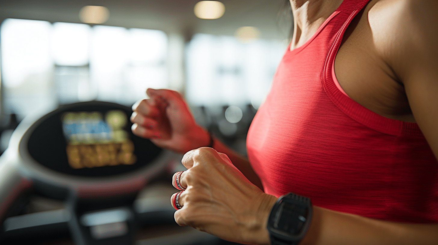 A fitness tracker on an elderly hispanic female running on a treadmill inside a gym.