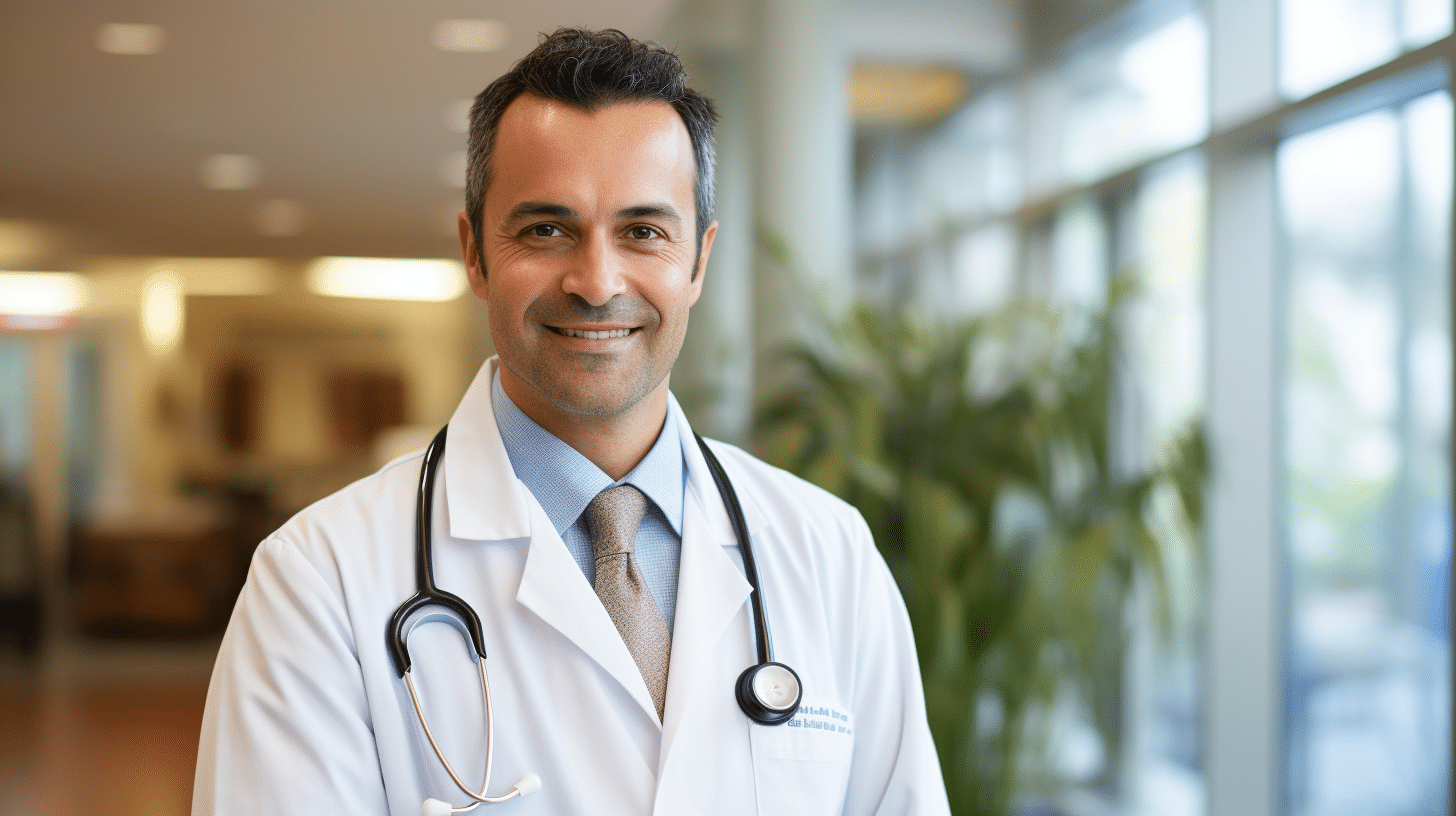 A medical doctor smiling and standing in a clinic lobby.