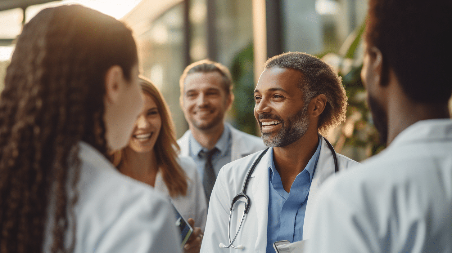 A group of multinational medical professionals having a conversation in a clinic lobby.