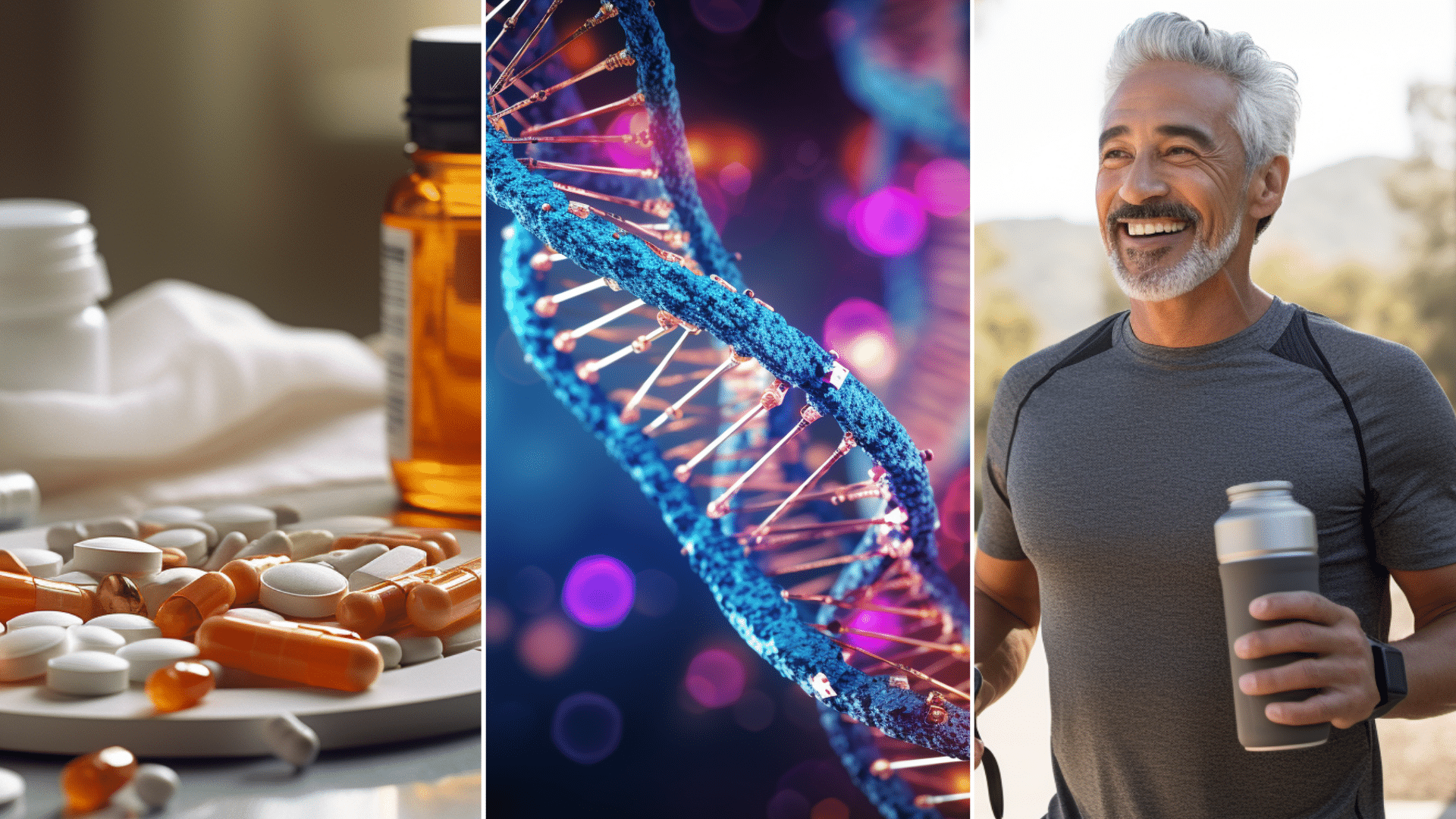 Medications, DNA, A hispanic man walking outside holding tumbler.