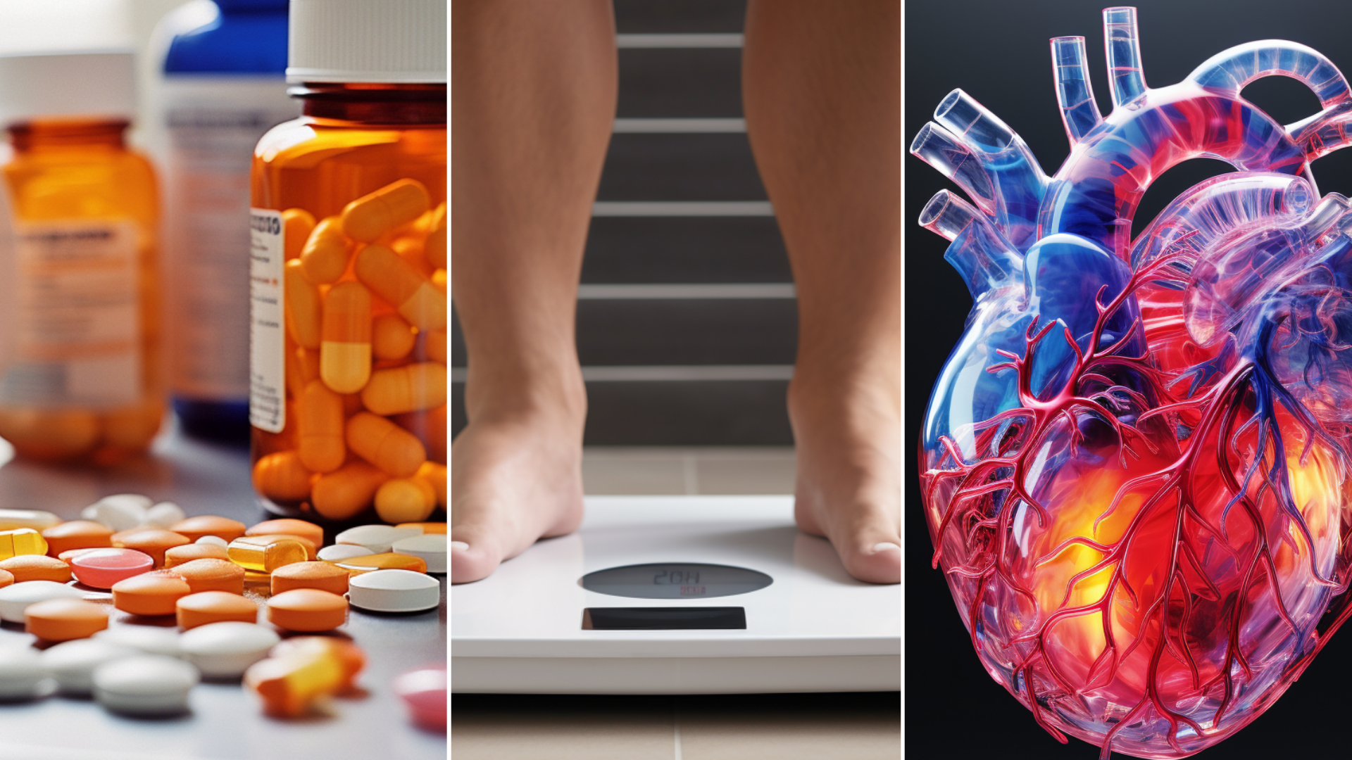 medications, body scale, a human heart.