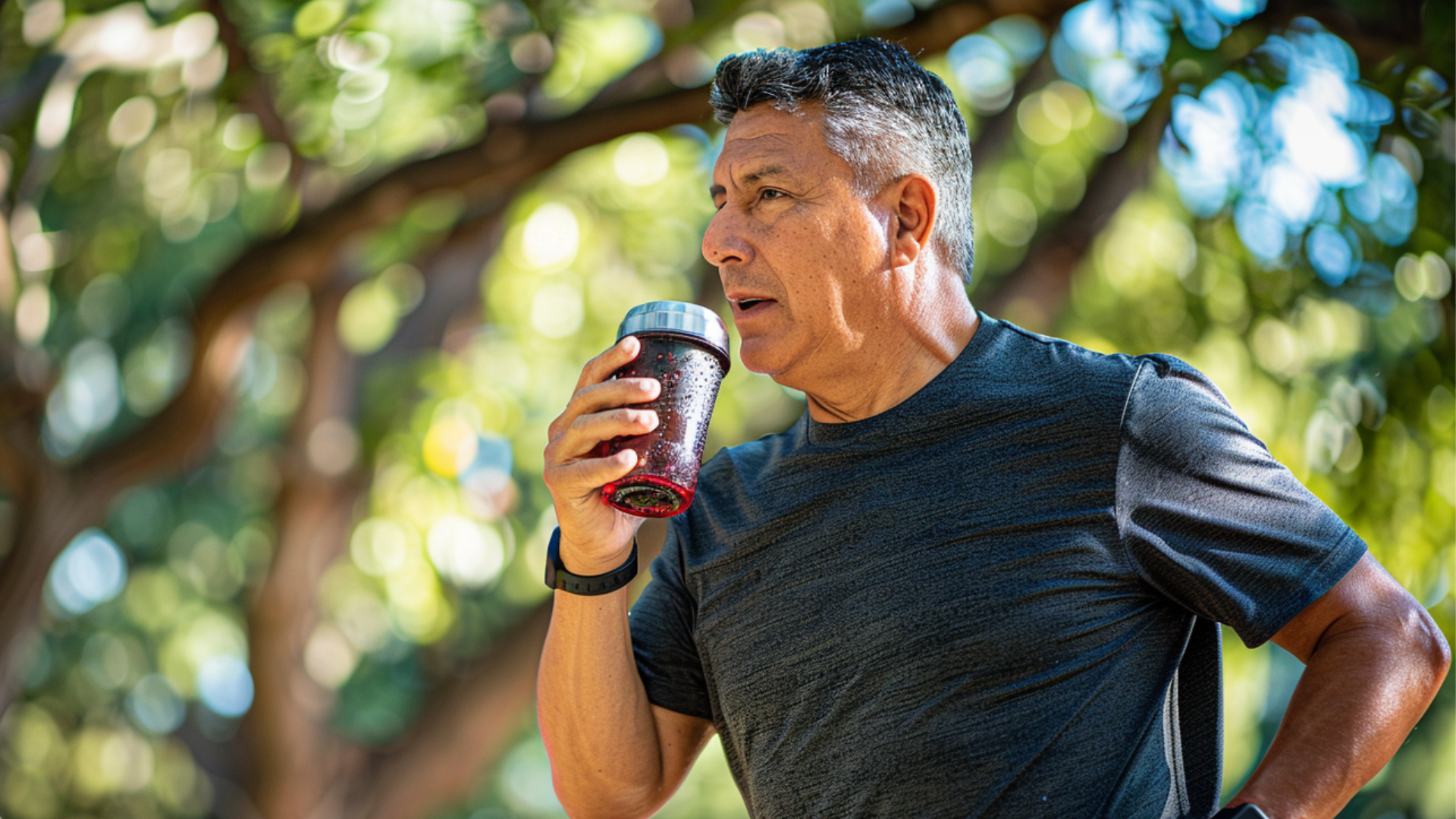 a hispanic man mid 50-60 year old drinking from a work-out tumbler, wearing fitness watch, running position, outdoor park