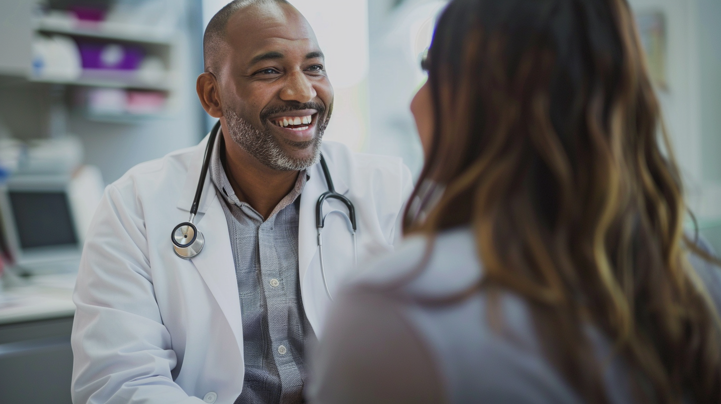 A doctor wearing a white coat, and a patient inside the clinic are engaged in a cheerful conversation about weight loss. Include details that capture the positive atmosphere and interaction between the doctor and the patient.