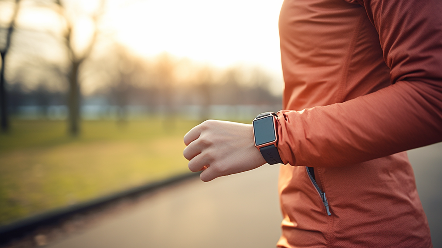 Close-up of a fitness tracker on the wrist of a woman running in the park during the winter.