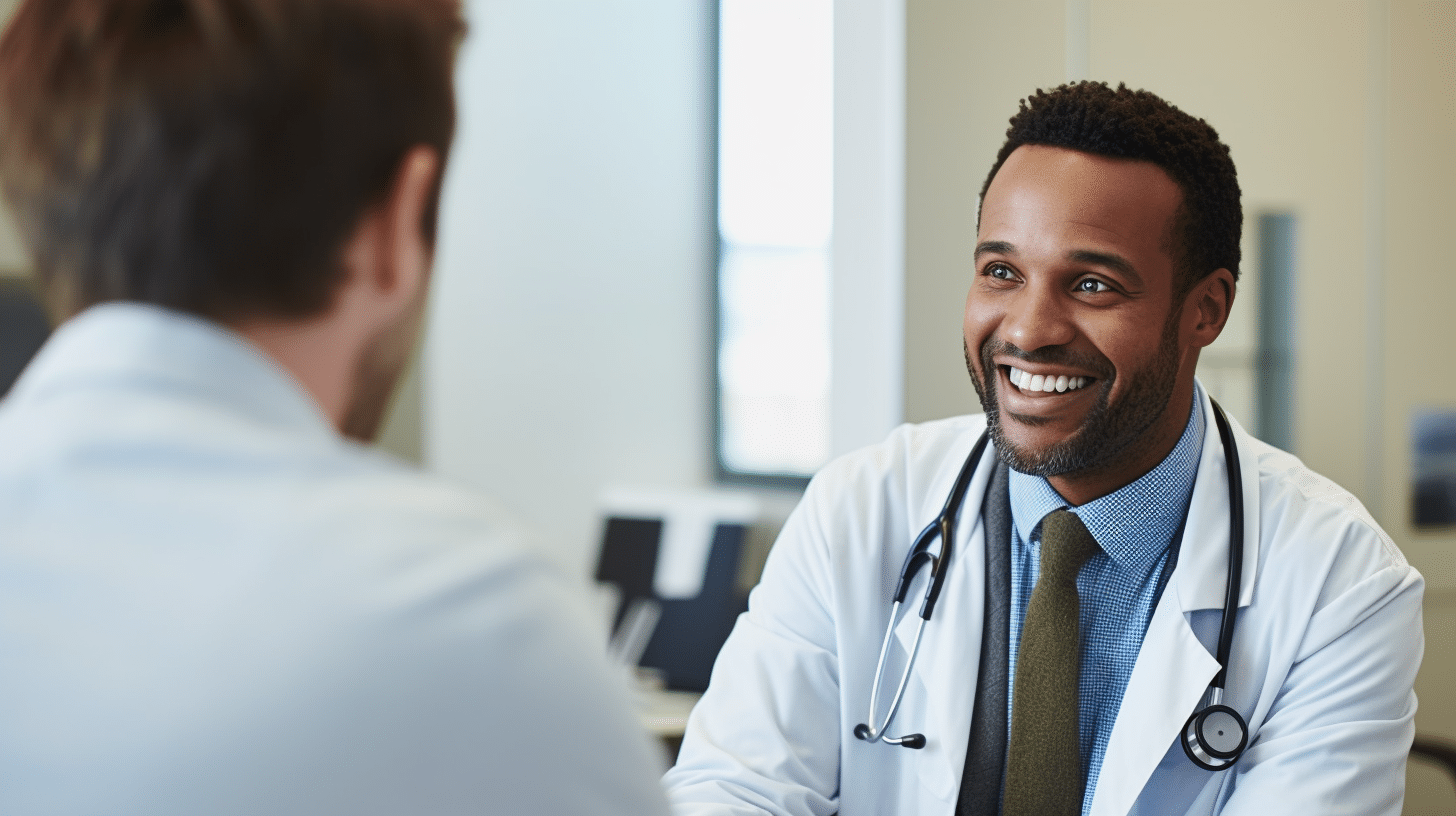 A slightly overweight patient having a consultation with a doctor wearing a white coat in a clinic.