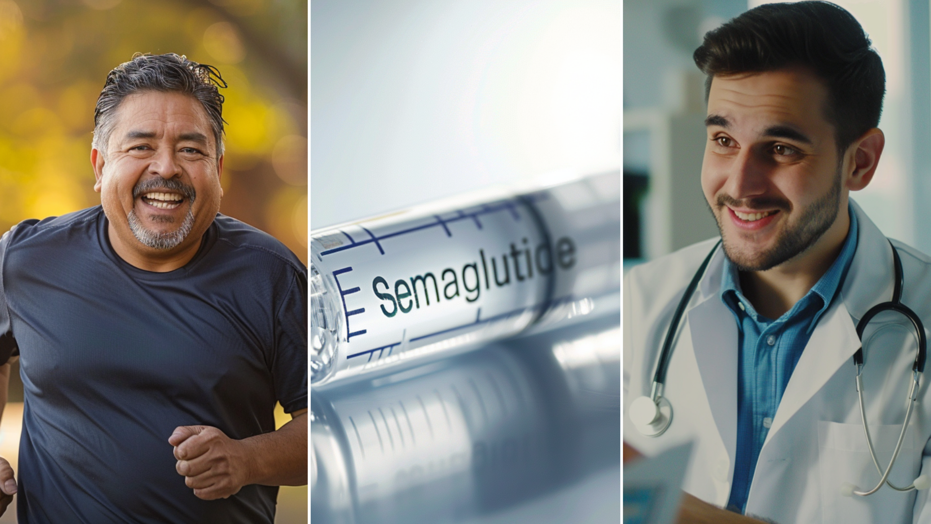 A doctor wearing a white coat and holding a medical chart inside the clinic, having a conversation with a patient, captures the face. A hispanic man slightly overweight mid 50-60 year running position, outdoor park. A medical syringe labeled "Semaglutide"