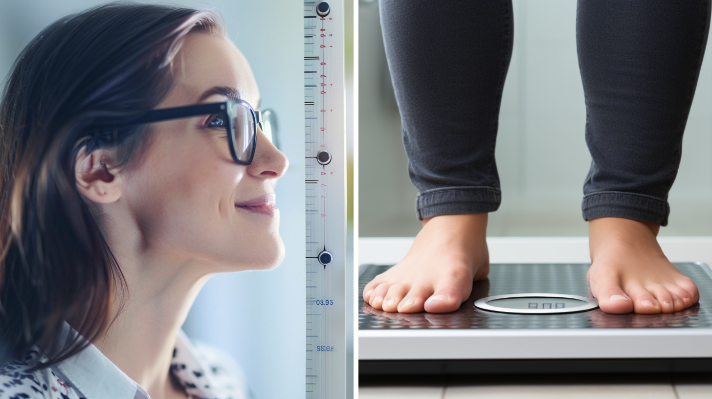 A woman undergoing height measurement and a woman standing on a bathroom scale.