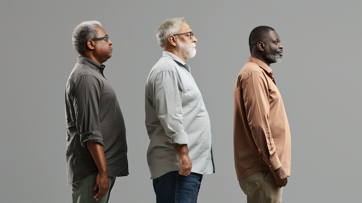 Three middle aged men of different races with different body types.