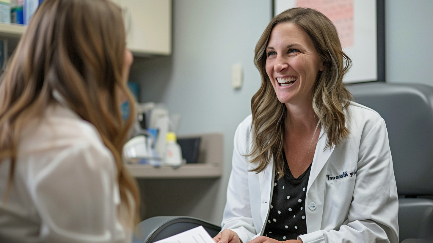 A smiling medical doctor having a conversation with a patient.