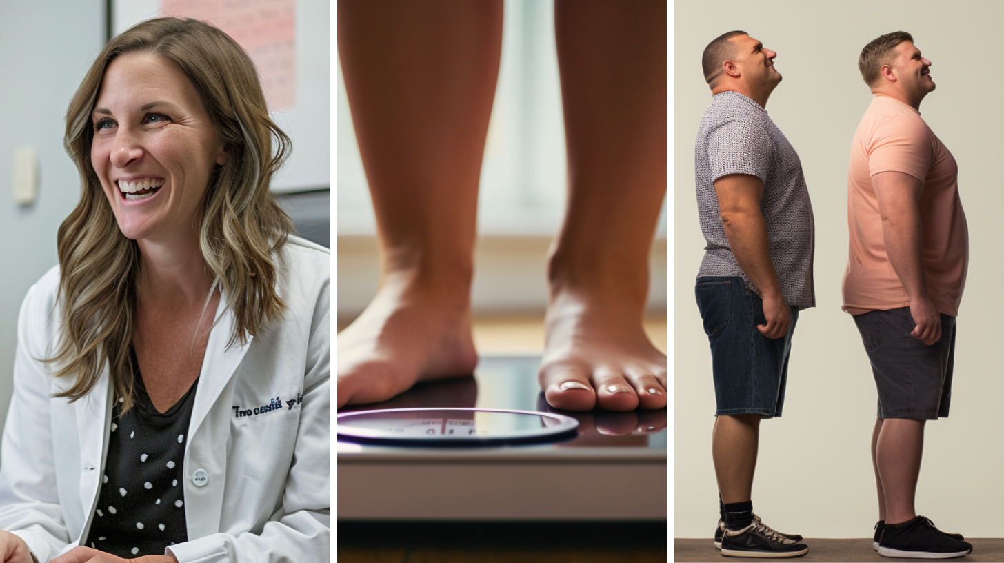 A smiling medical doctor, a woman standing on a bathroom scale, and full body composition of men with different body types.