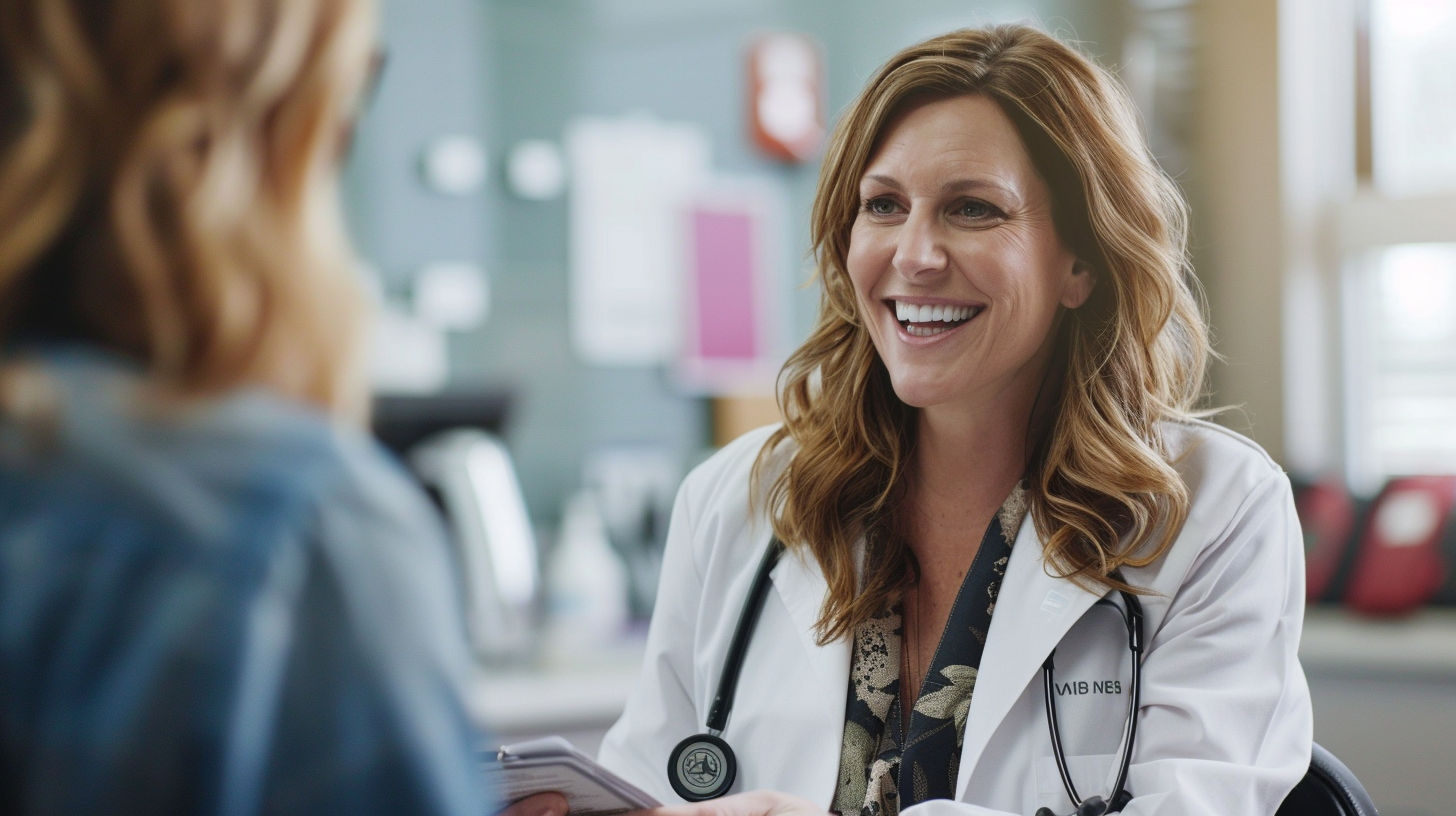 A smiling medical doctor is talking to a patient in the clinic.