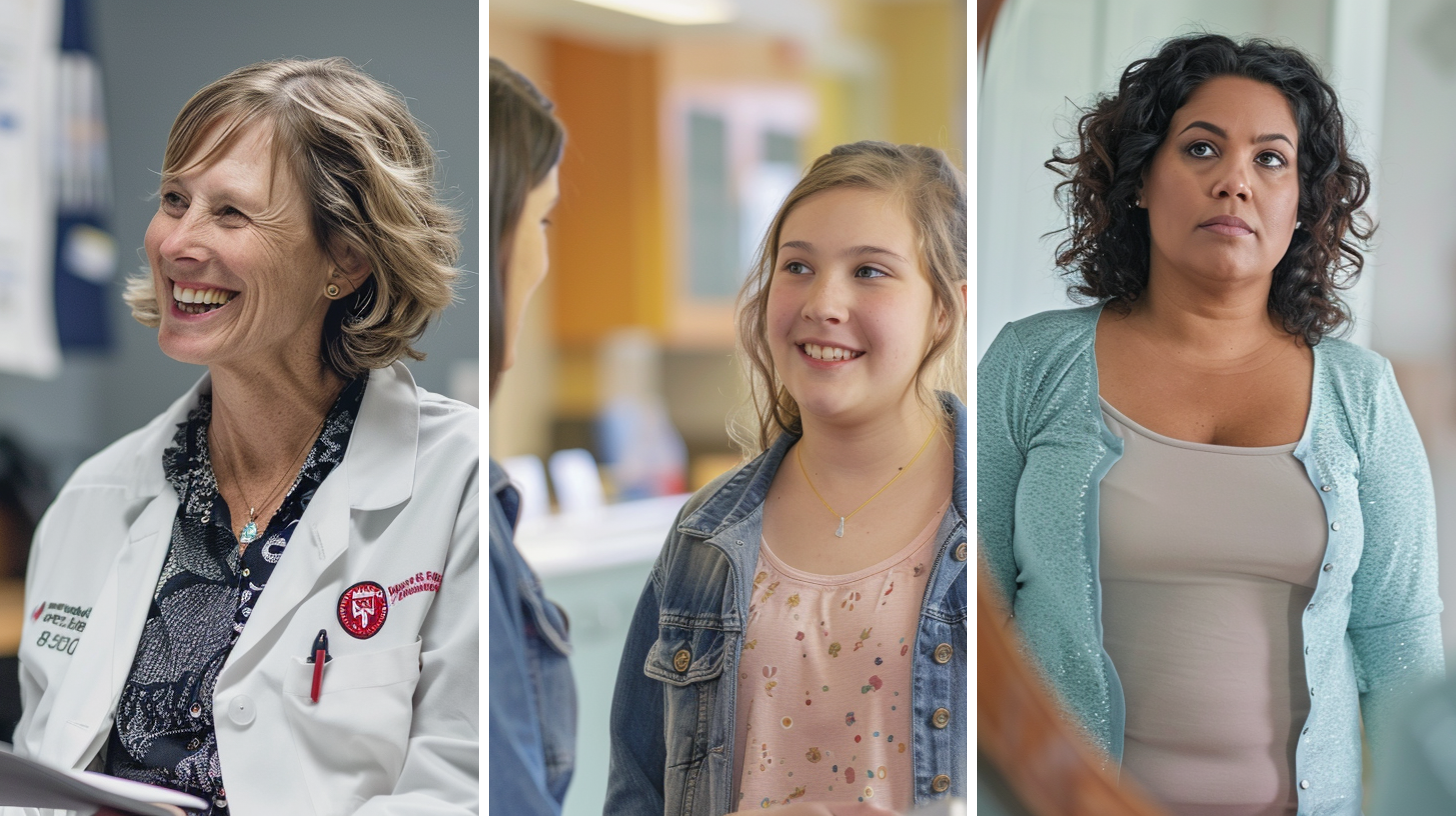 A smiling weight loss doctor, a group of teenage girls, and a slightly overweight woman due to post-pregnancy.