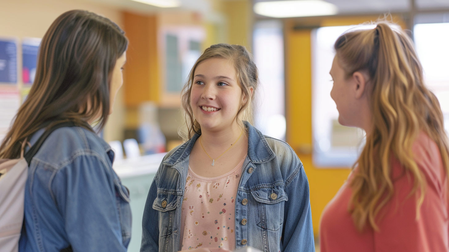 A group of teenage girls talking in the clinic lobby.