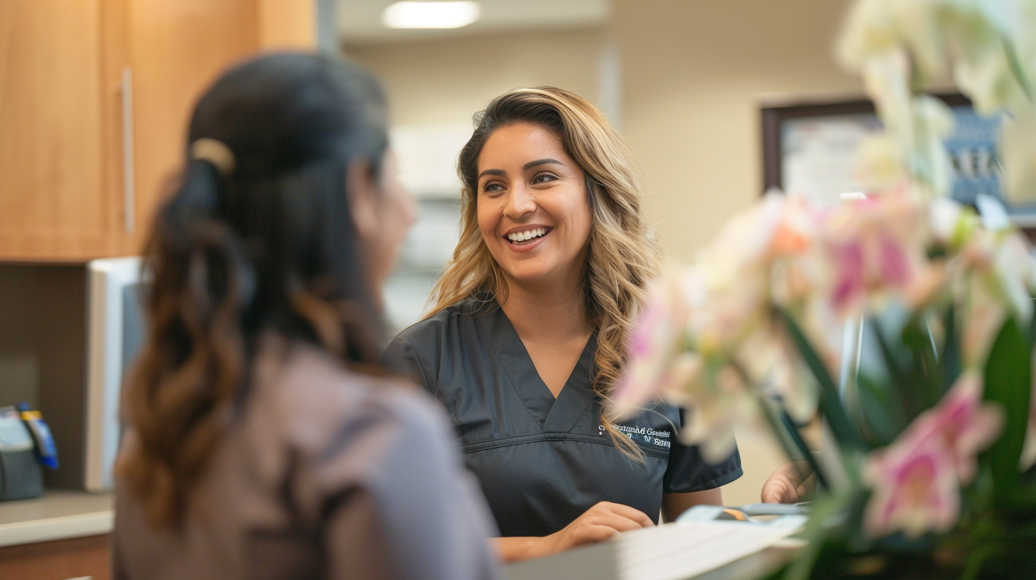 An image of a clinic receptionist talking to a client in the reception area.