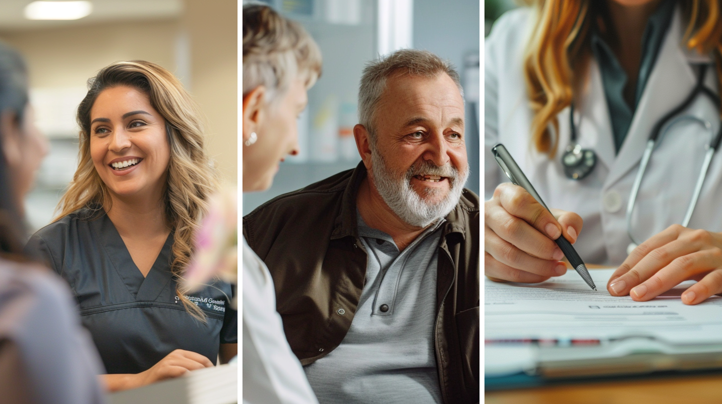 A clinic receptionist, a patient and a weight loss doctor writing a weight loss plan.