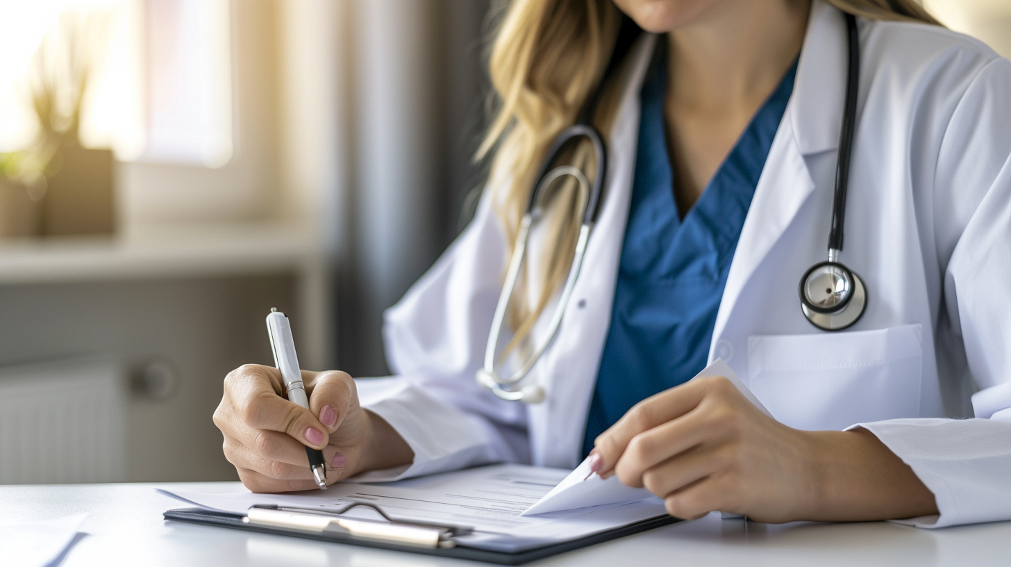 An image of a weight loss doctor writing a weight loss plan for a patient.