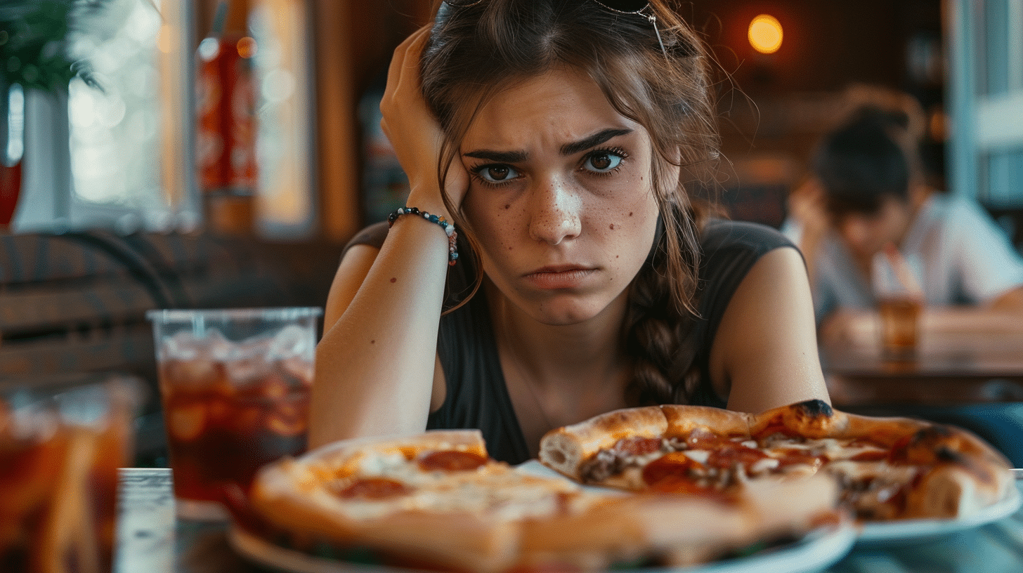 An image of a woman looking sad and stressed while eating pizza.