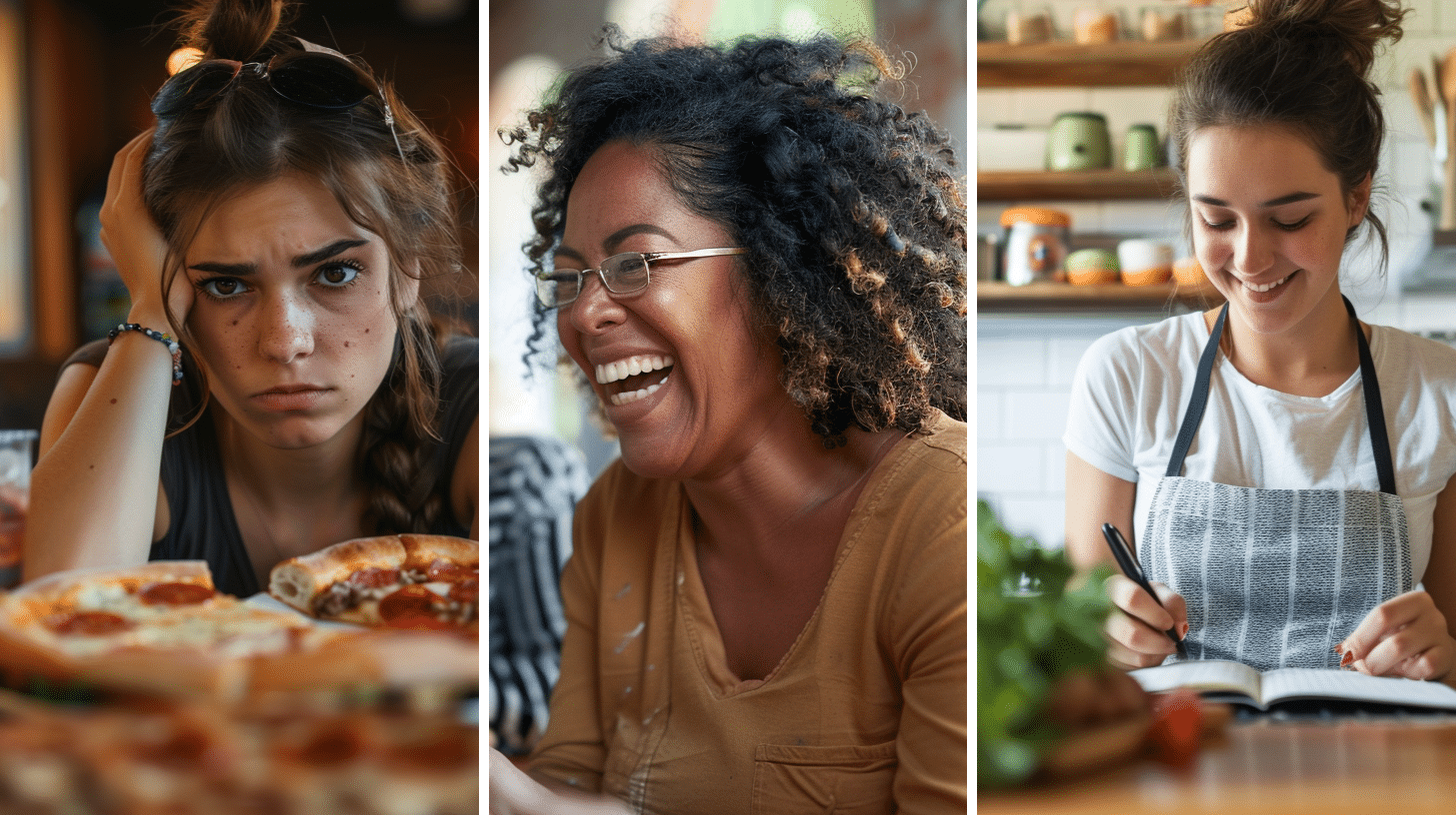 A woman looking sad and stressed, a group of multiracial women participating in a pottery class, and a smiling and empowered woman writing in her food journal.