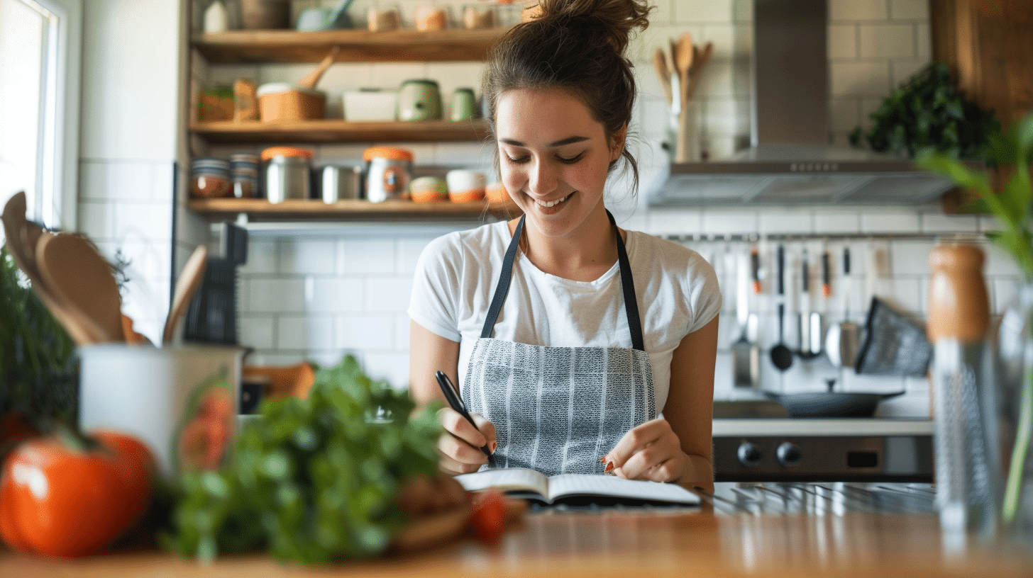 An image of a smiling and empowered woman writing in her food journal.