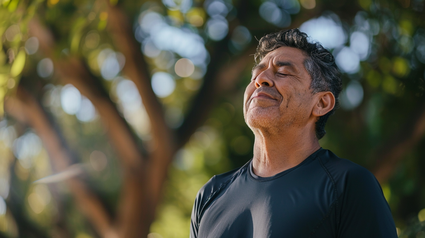 A Hispanic man mid 50s is standing outside, expression of relief, eyes closed with a smile, wearing sportswear.