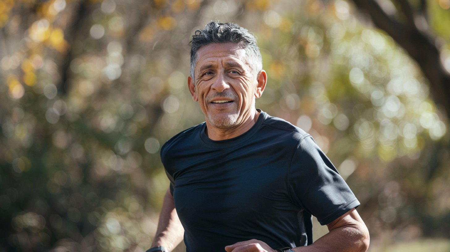 A physically fit Hispanic man in his 50s doing running exercises outdoors.