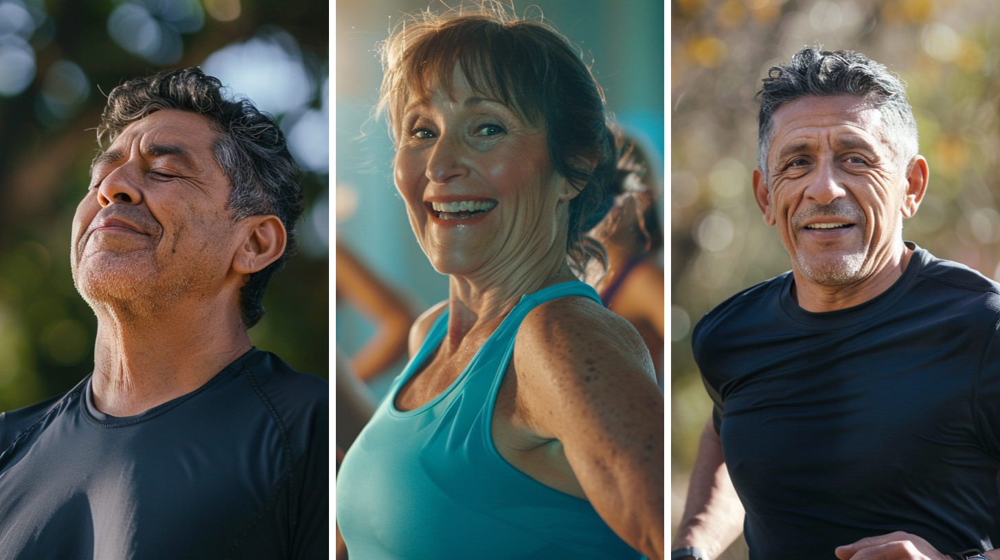 A Hispanic man mid 50s is standing outside with expression of relief, a female aged 50 doing aerobics inside a dance studio, and a physically fit Hispanic man in his 50s doing running exercises outdoors.