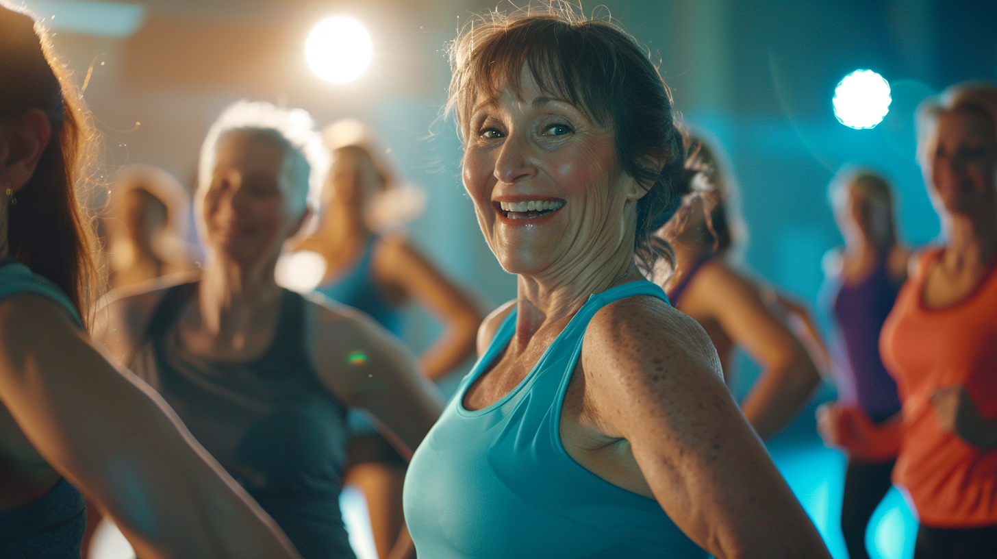 A group of female and male aged 50s doing aerobics inside a dance studio.