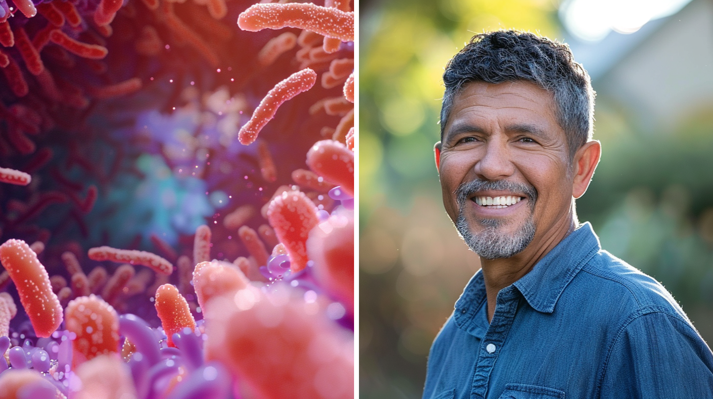 3D image depicting the microbiome inside the gut of a human and a smiling and healthy Hispanic man in his 50s.