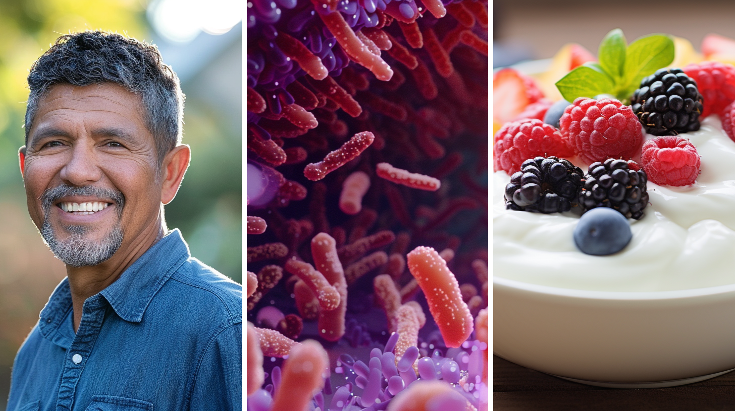 A smiling Hispanic man, gut microbiome, and a bowl of greek yogurt with berries on top.