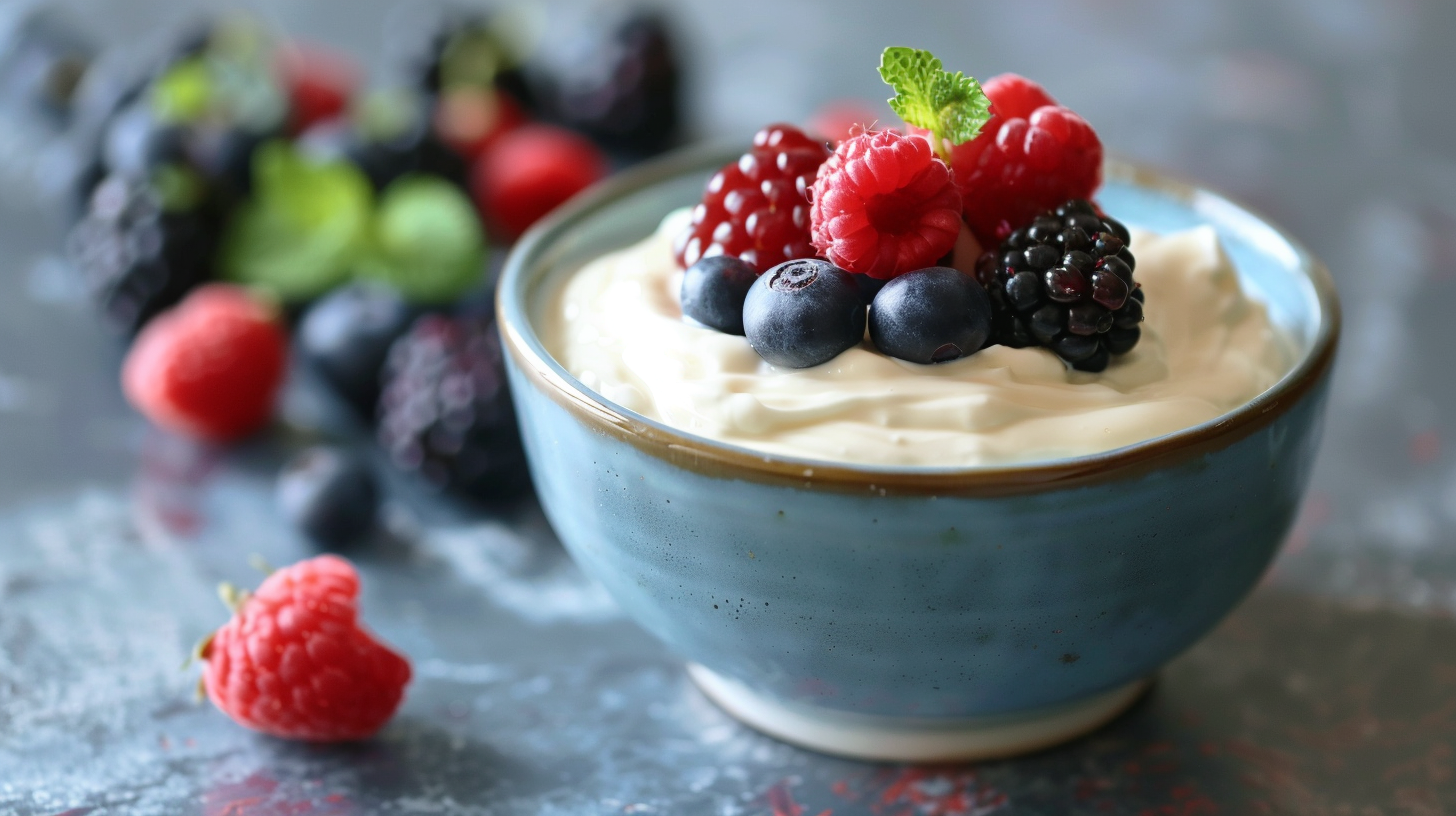 A bowl of greek yogurt with berries on top.