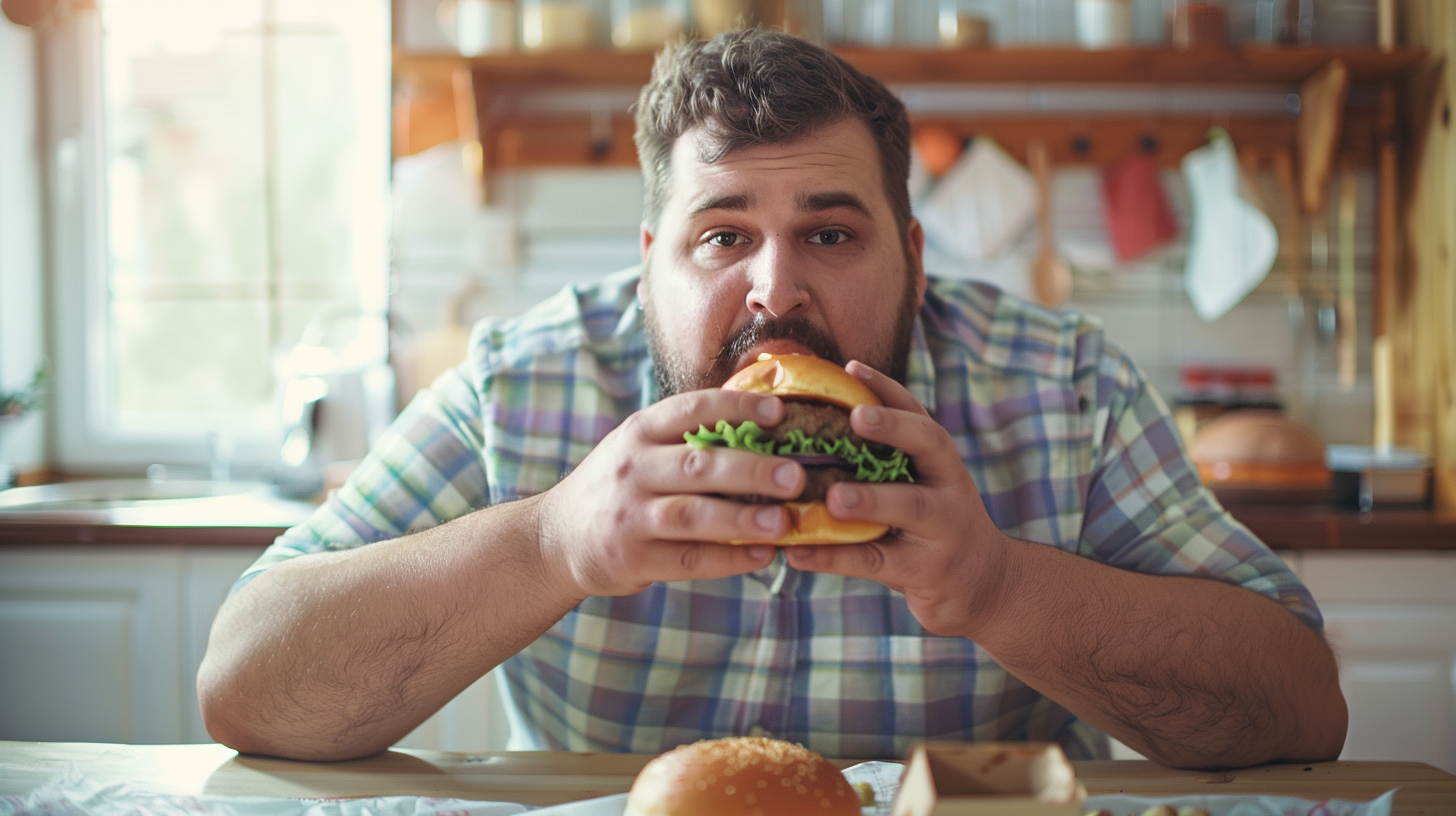 A slightly overweight male eating burger due to increased appetite.