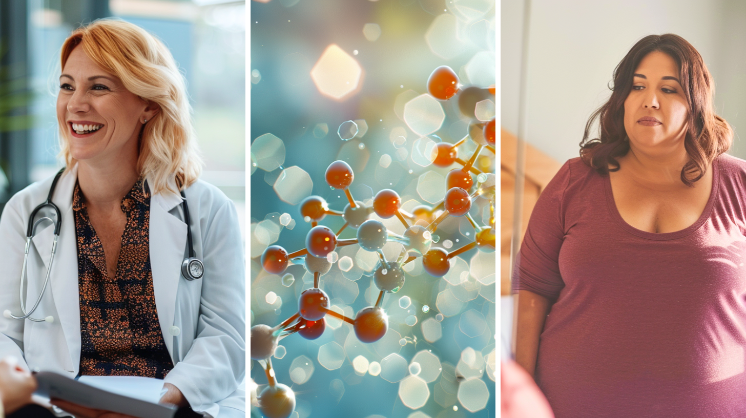 A smiling medical doctor, hormone structure, and a slightly overweight female.