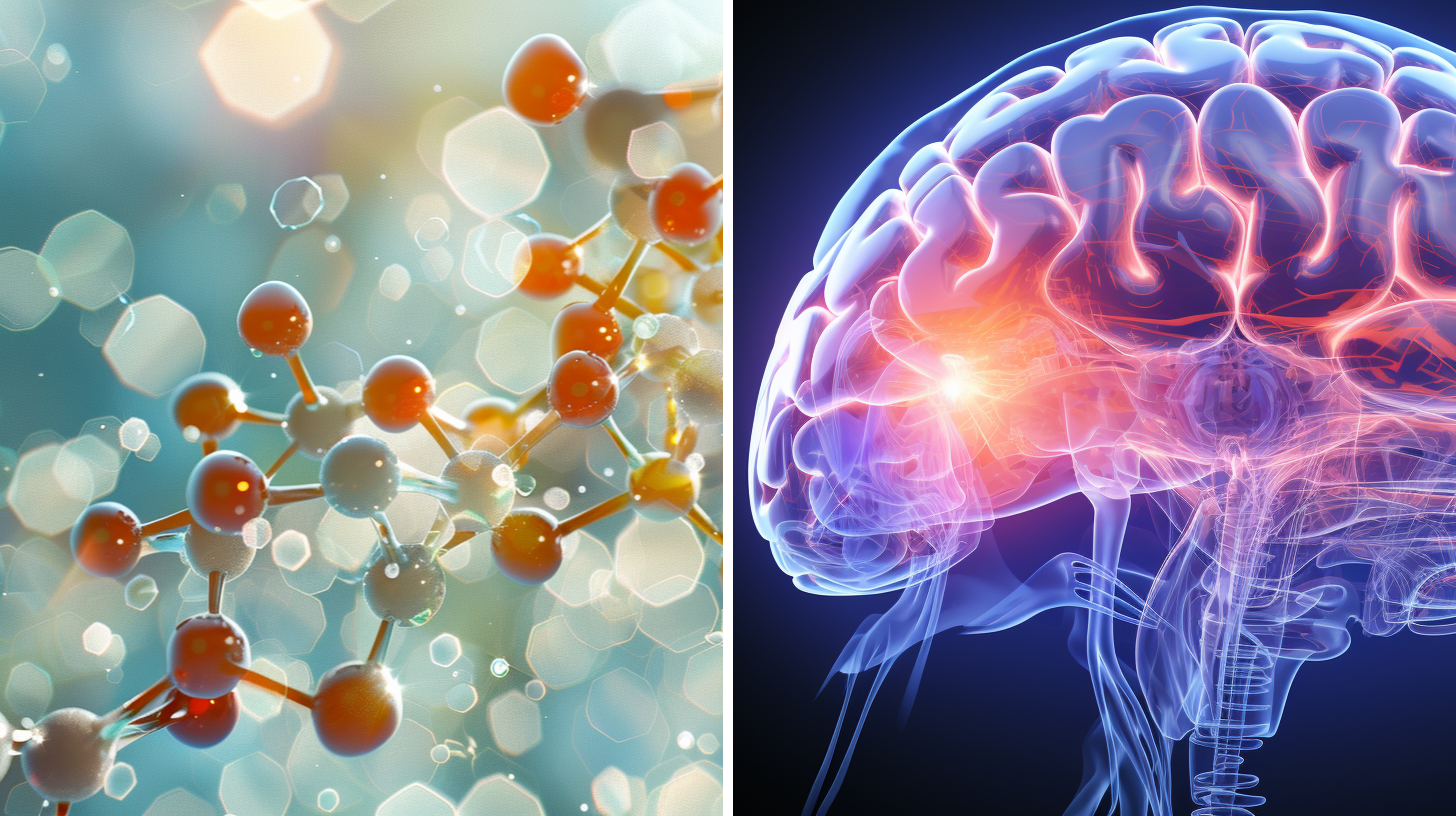 3D rendering of a human hormone structure and 3D rendering of a human brain.