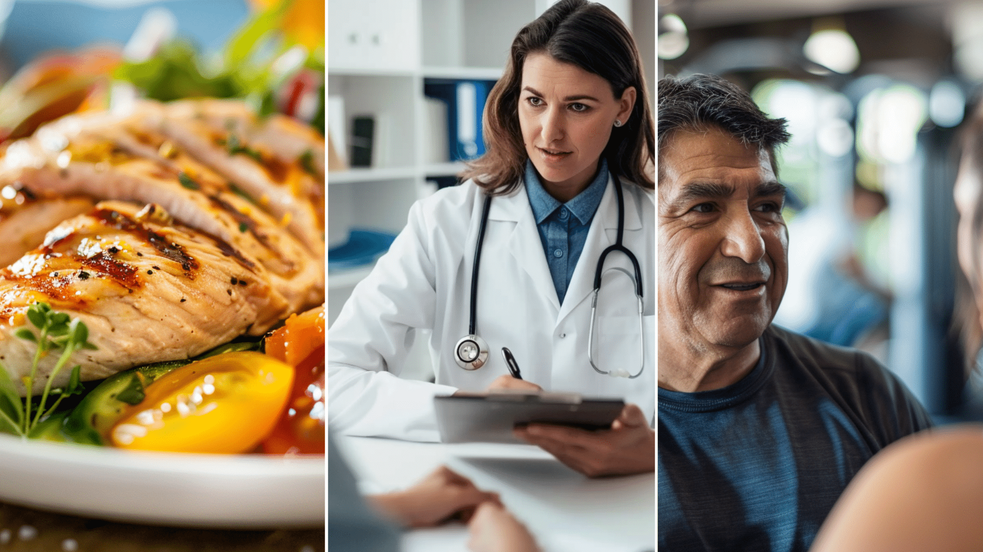 Keto plate, Doctor and a patient, A hispanic man on a gym with a instructor.