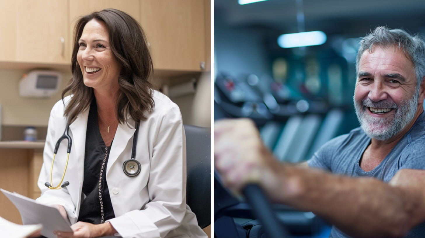 A smiling medical doctor and a smiling slightly overweight 60 year old man riding a stationary bike at the gym.