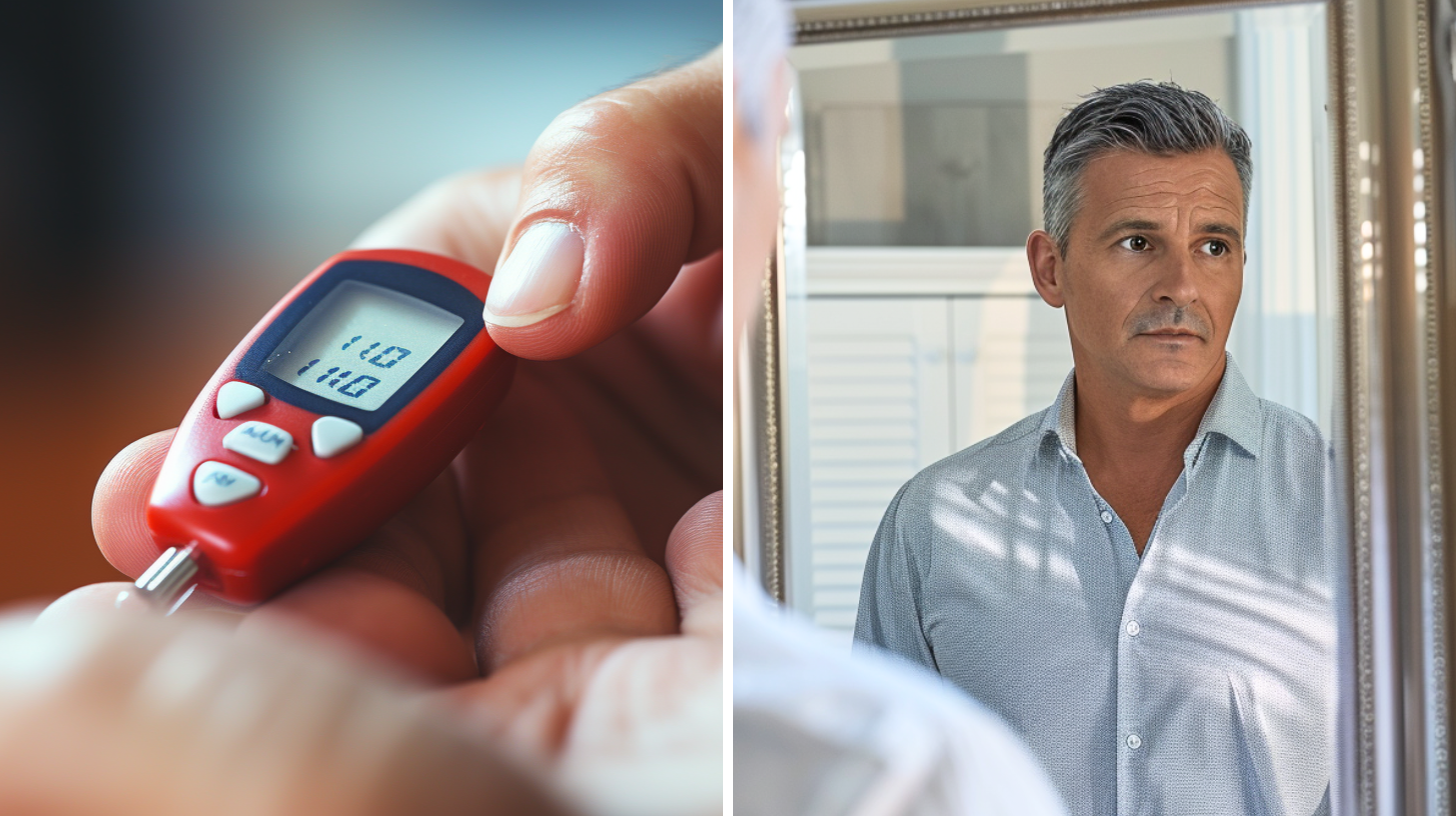 A hand measuring a glucose level using glucose meter and a professional Hispanic man 45 years old looking at himself in a full-length mirror.