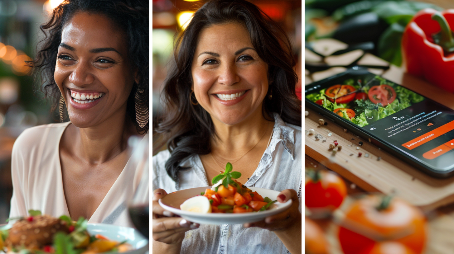 A smiling woman in her 40s delighting in her healthy meal at a restaurant, a smiling Hispanic woman in her 40s holding a saucer plate filled with a small portion of healthy food, and a mobile app interface to symbolize applications for meal planning.