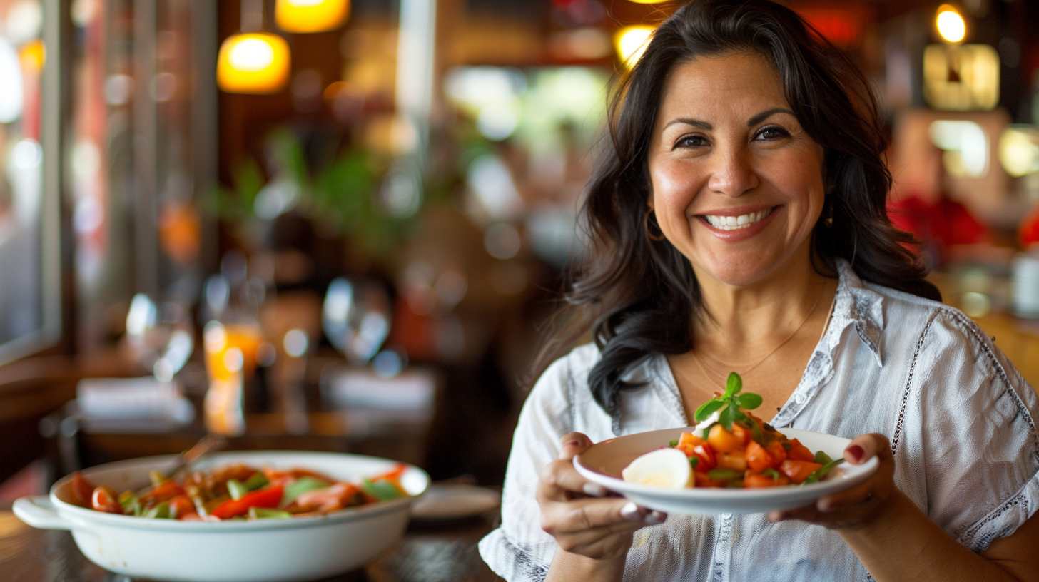 A smiling Hispanic woman in her 40s holding a saucer plate filled with a small portion of healthy food.