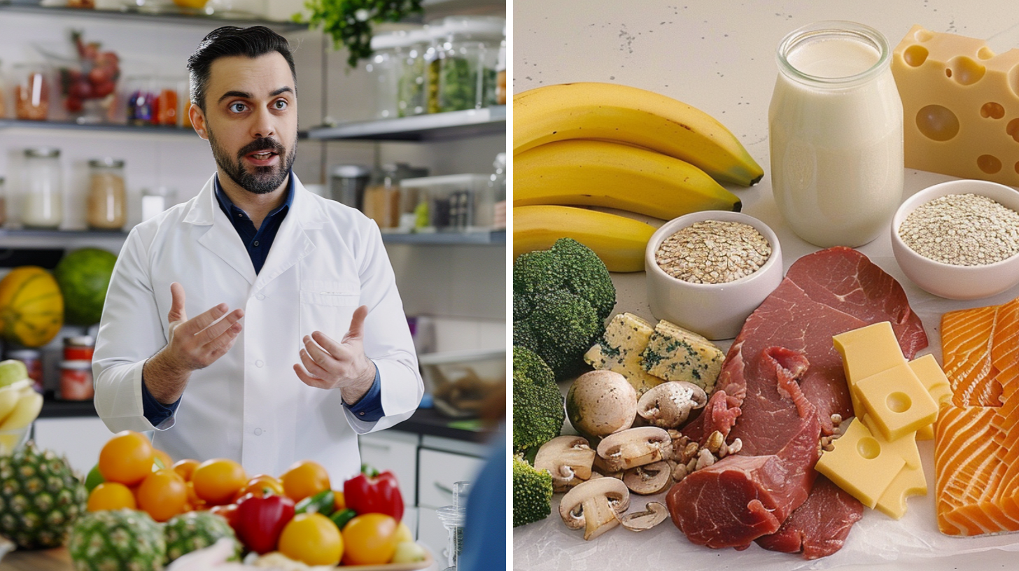 A male nutritionist providing nutritional education to people and an image of fruits, vegetable, protein and dairy products to showcase macronutrients.