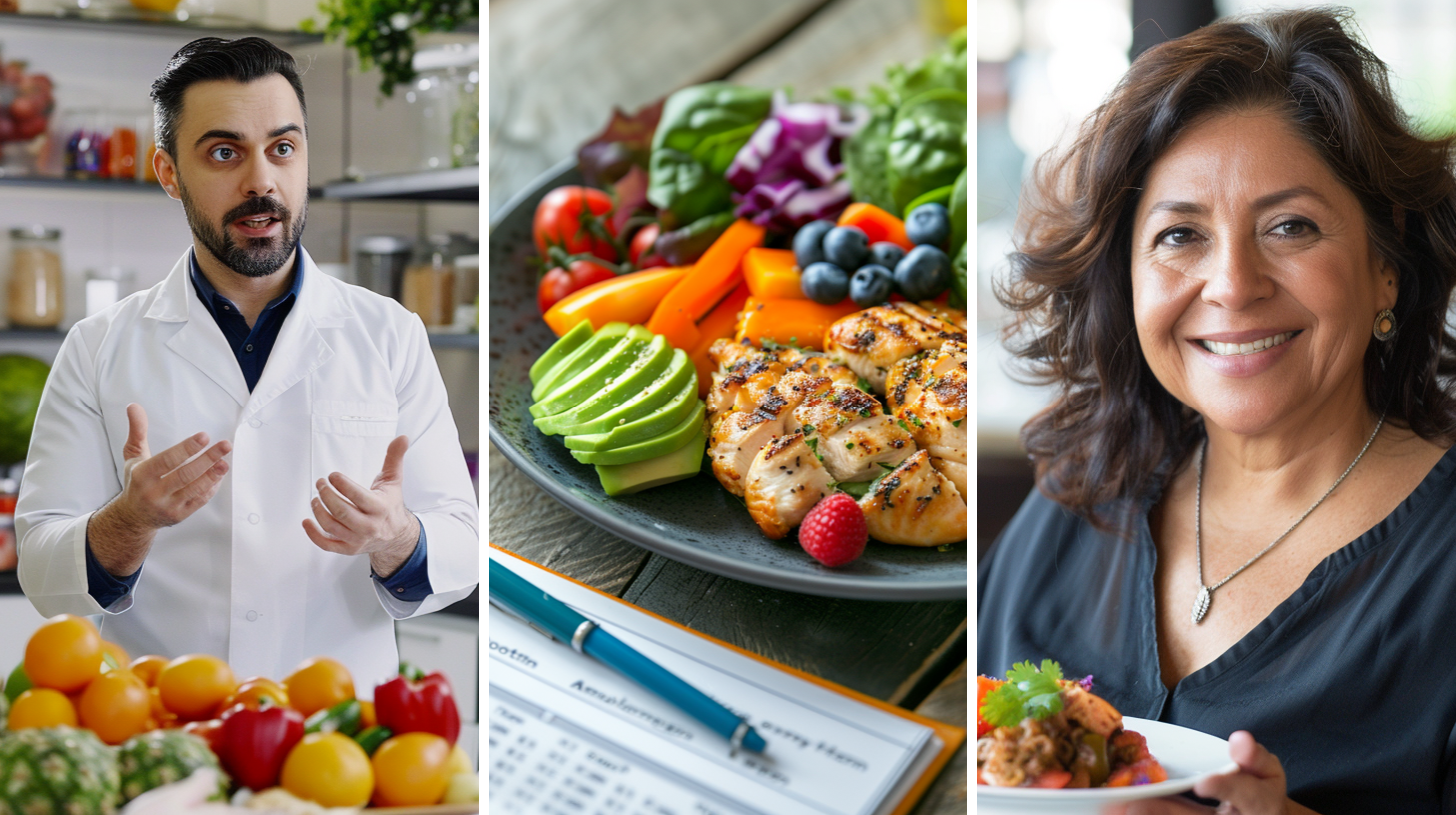 A male nutritionist, a healthy meal with a meal plan journal on the side, and a smiling Hispanic woman holding a plate with a small portion of healthy food.