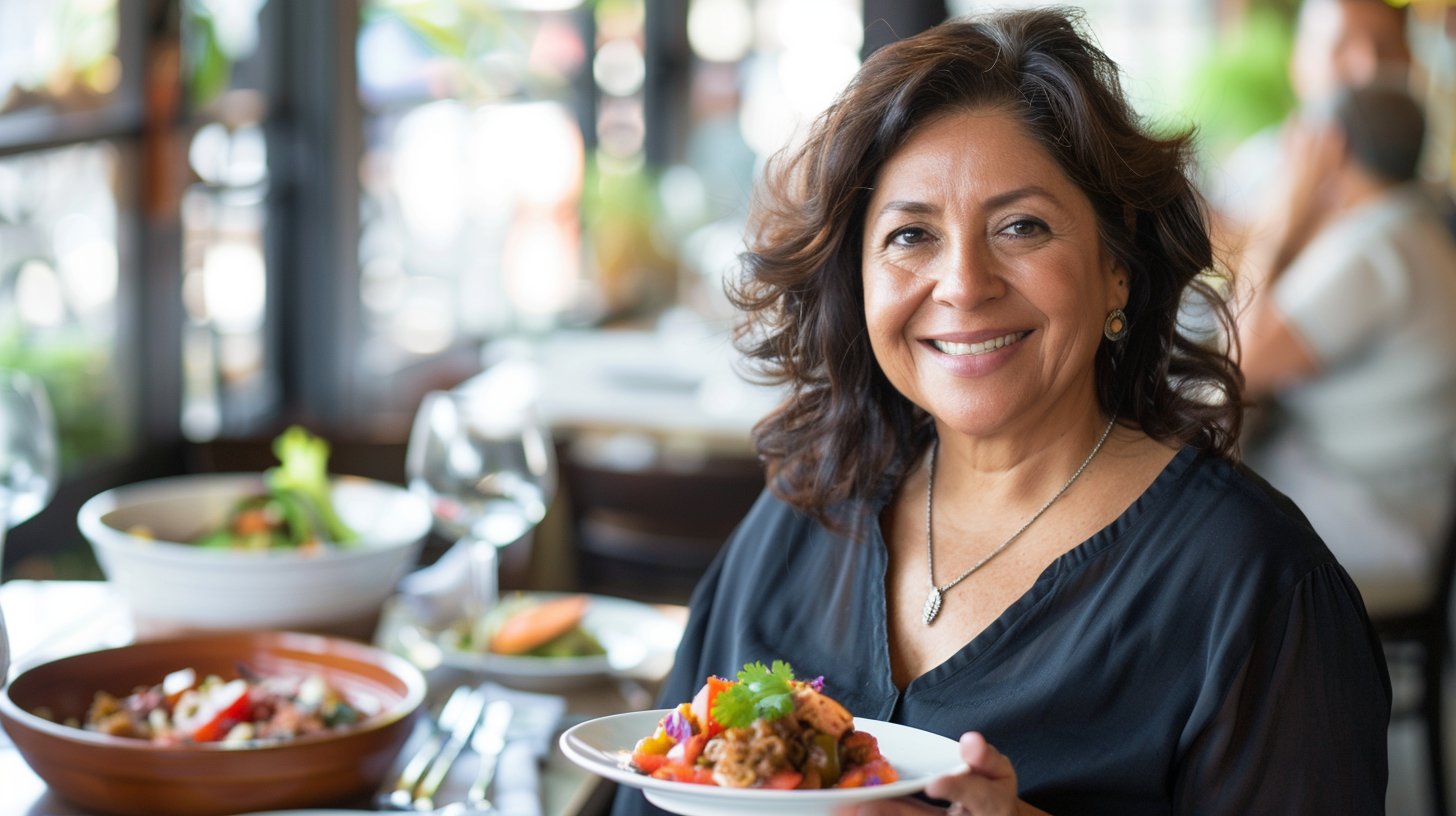 A smiling Hispanic woman in her 40s holding a small saucer plate filled with a small portion of healthy food.