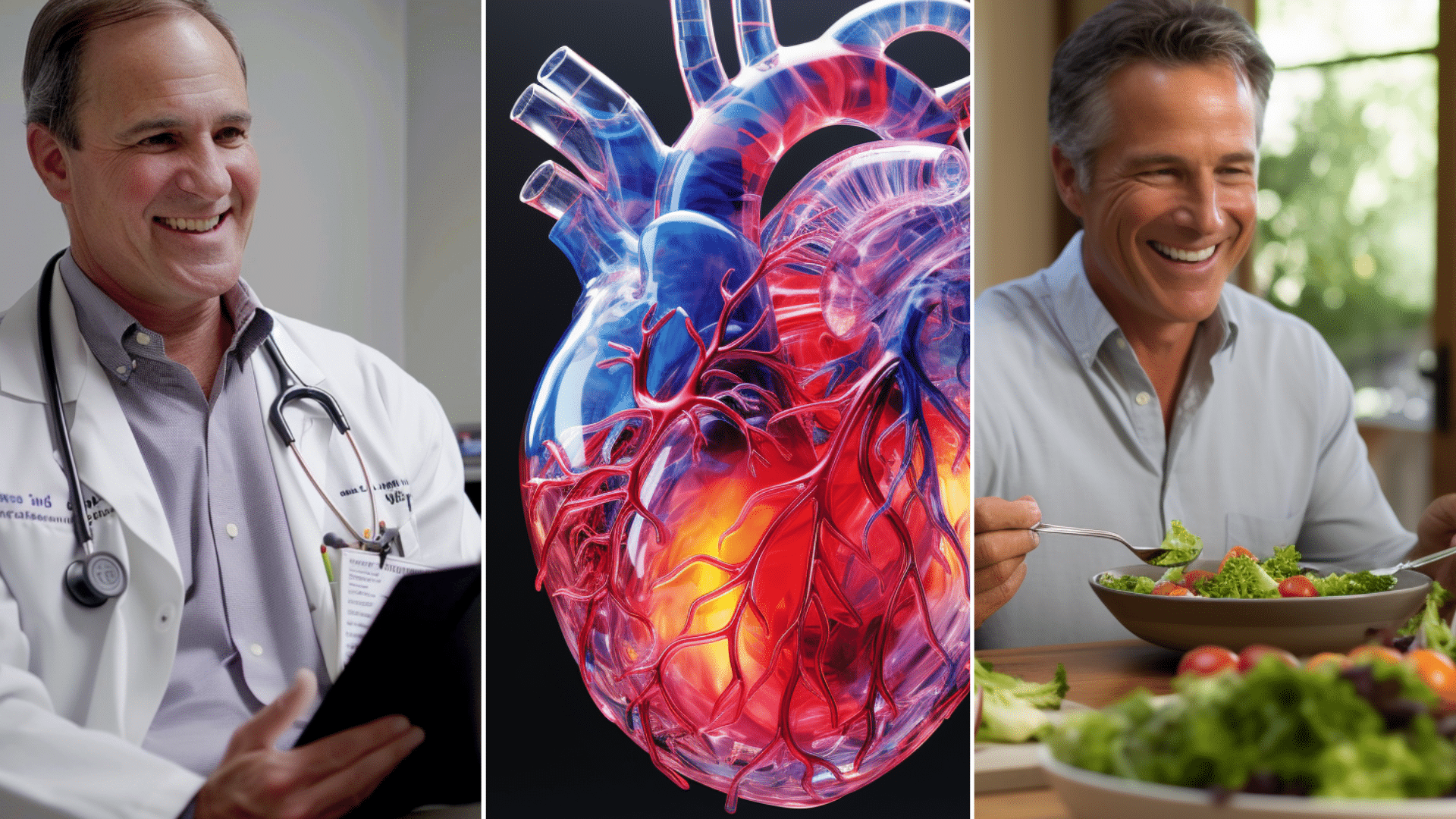 A doctor having a consultation with a patient, a xray human heart, and a hispanic man eating healthy meal.