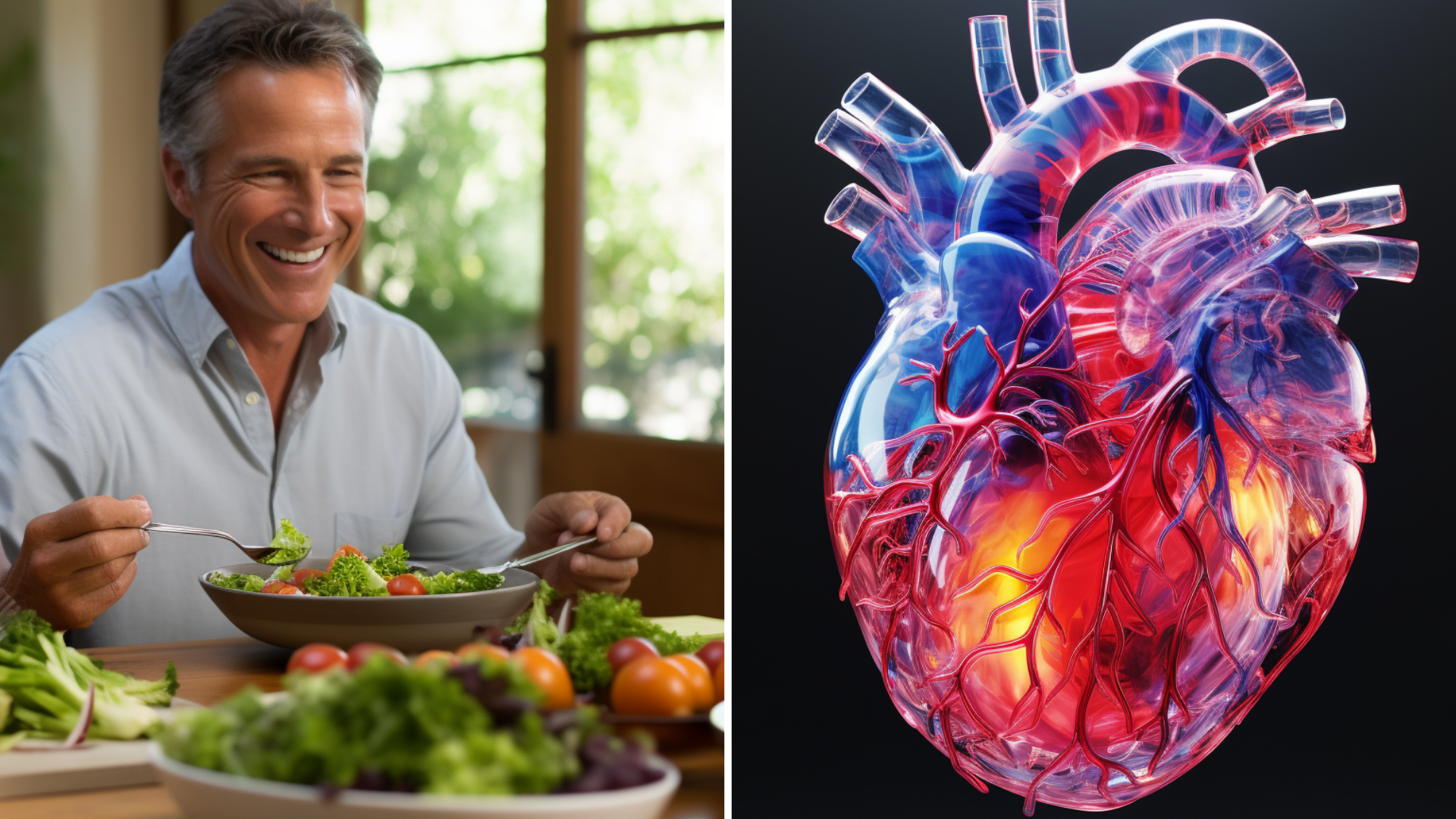 a xray human heart, and a hispanic man eating healthy meal.